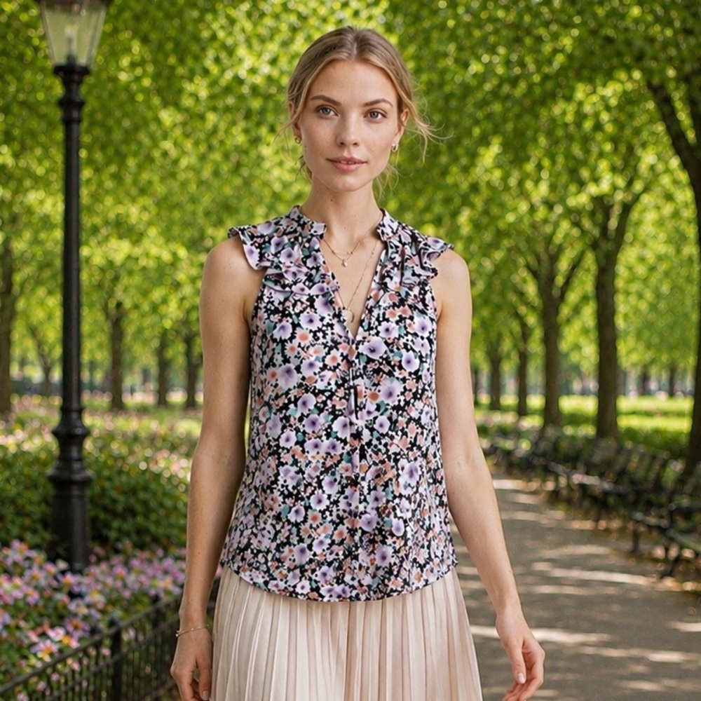 ANTHROPOLOGIE Chalmer Blouse L Sleeveless Ruffles Collar Splice Neck Lagenlook